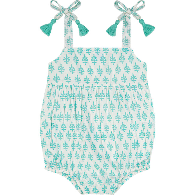Zoe Baby Tie Romper, Aqua Block Print - Rompers - 1