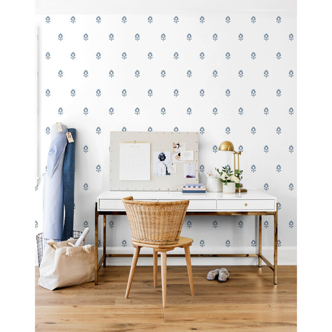 Block Print Traditional Wallpaper, French Blue/White