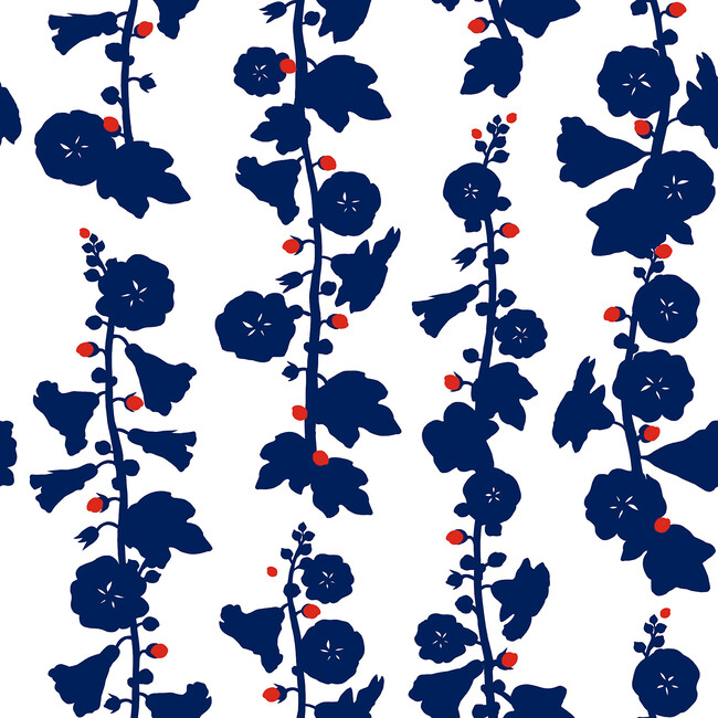 Clare V. Hollyhock Traditional Wallpaper, Navy/Red