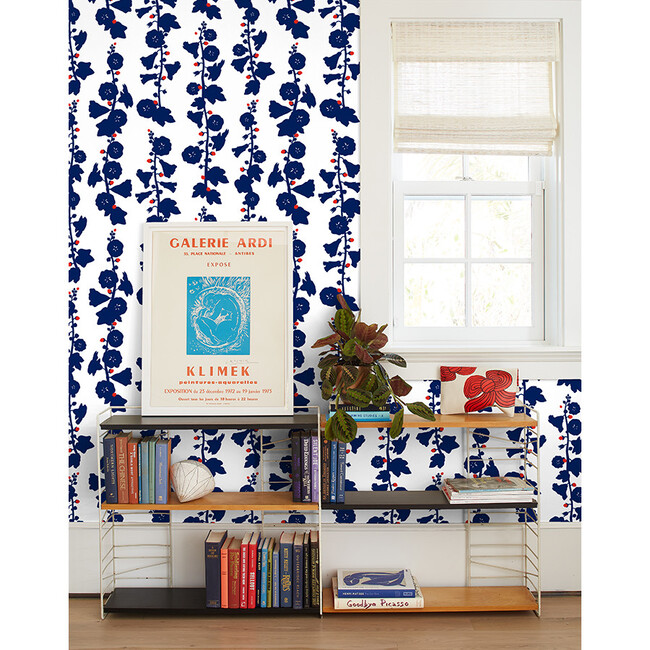 Clare V. Hollyhock Traditional Wallpaper, Navy/Red - Wallpaper - 2