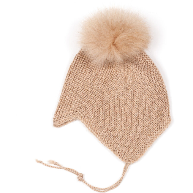 Alpaca Baby Bonnet, Camel With Light Camel Pom Pom - Hats - 1