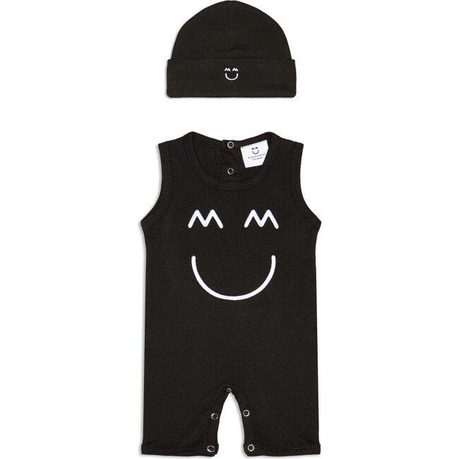 Sleeveless Embroidered Romper and Hat, Black