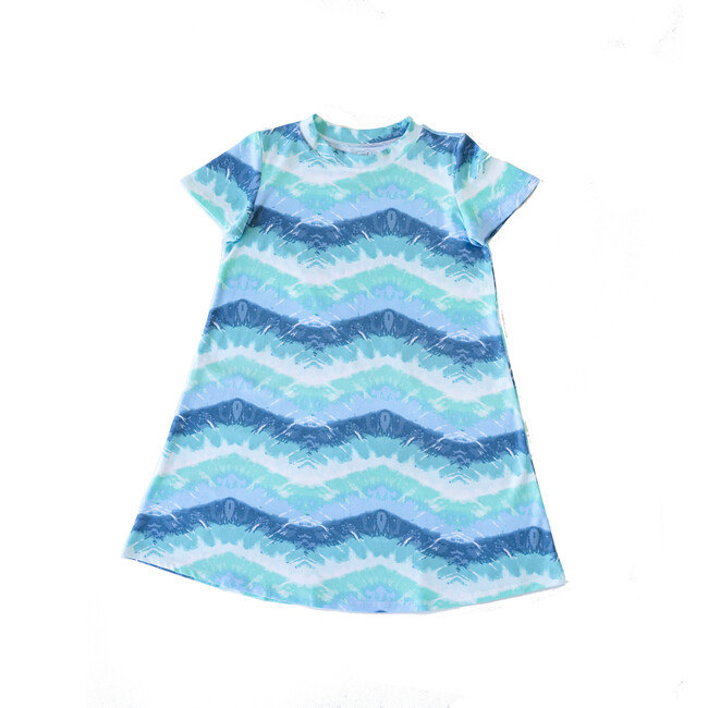 Tidal Wave Short Sleeve Lounge Dress, Blue - Dresses - 1