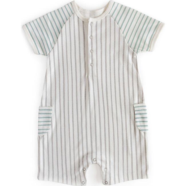 Stripes Away Shorts Romper, Pebble/Sea