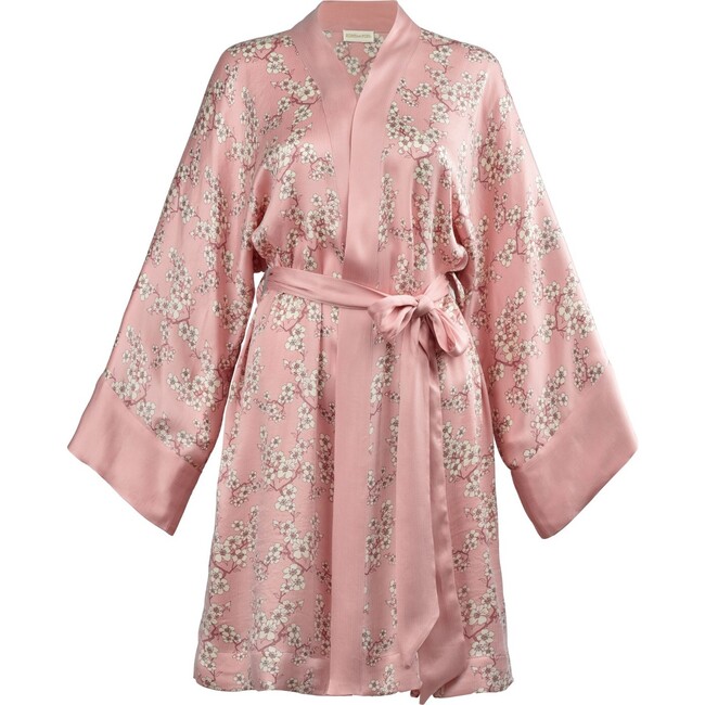 Women's Vegan Silk Short Robe, Blush Pink Blossoms - Robes - 1