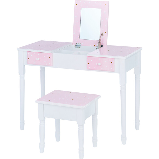 Kate Twinkle Star Vanity Set with Foldable Mirror and Chair, Pink/White