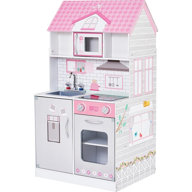 Wonderland Ariel 2-in-1 Kids Play Kitchen and Dollhouse, Pink/Grey