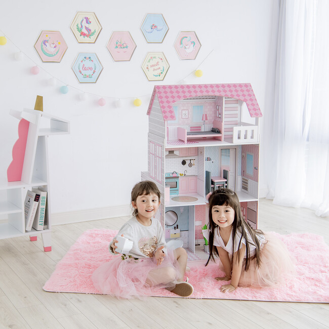 Wonderland Ariel 2-in-1 Kids Play Kitchen and Dollhouse, Pink/Grey