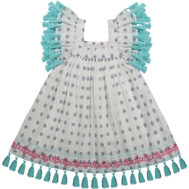 Serena Tassel Dress, White & Navy - Dresses - 1