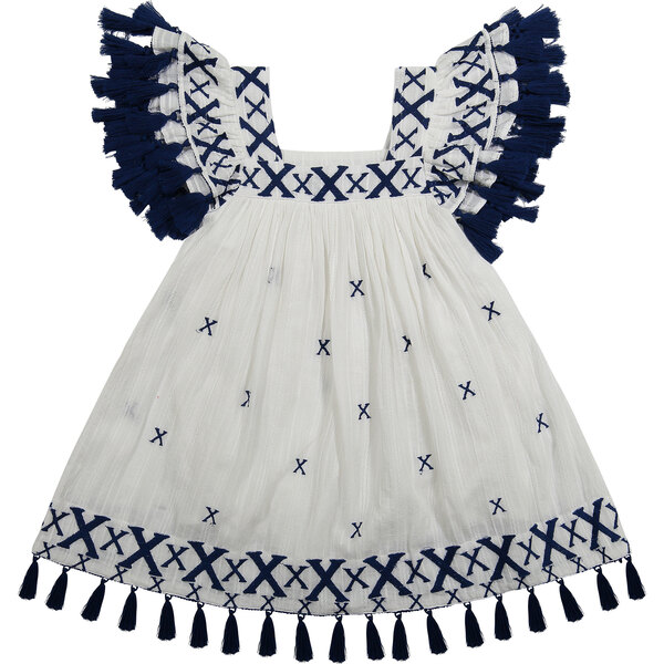 Serena Girl's Tassel Dress White Lapis Blue Embroidery