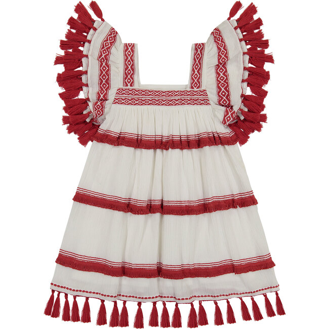 Serena Chacha Fringed Dress, White & Red