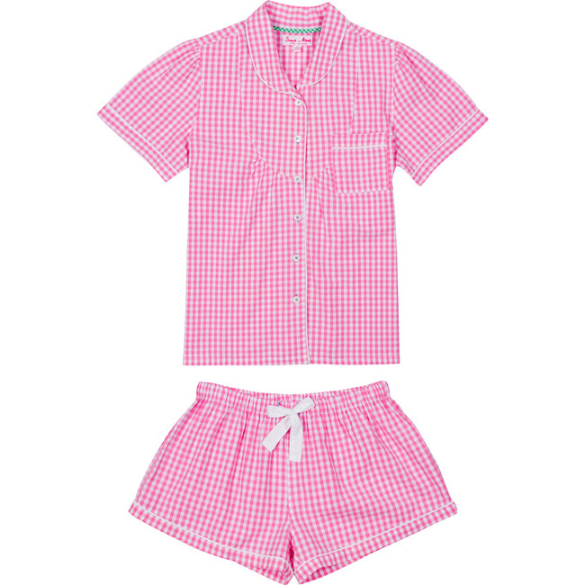 Women's Short Sleeve & Boxer Set, Gingham Pink - Pajamas - 1
