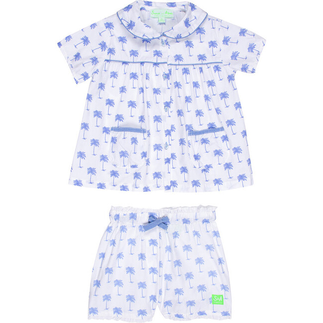 Girl's Palm Tree Short Set, Blue - Pajamas - 1