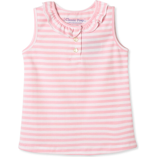 Zoe Sleeveless Polo Shirt, Pink Stripes - Shirts - 1