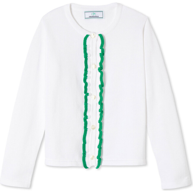 Ruffle Front Cardigan w/Tipping, Bright White with Blarney
