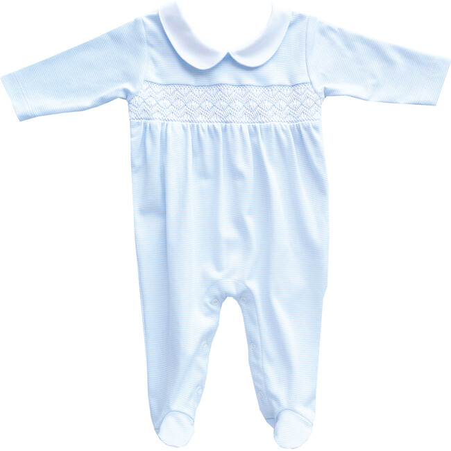 Footie Embroidered Pajama, Light Blue & White Lines