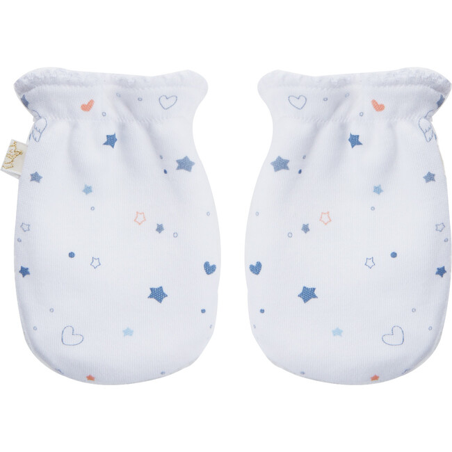Star & Crown Print Hat Bib & Mittens Set in Blue - Hats - 3