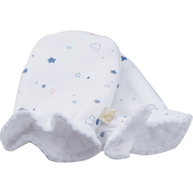 Star & Crown Print Hat Bib & Mittens Set in Blue - Hats - 6