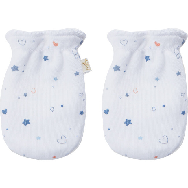Star & Crown Print Hat Bib & Mittens Set in Blue - Hats - 7