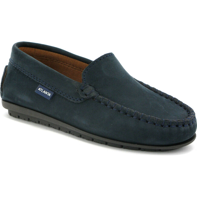 Plain Vamp Moccasins in Nubuck Leather, Navy - Loafers - 2