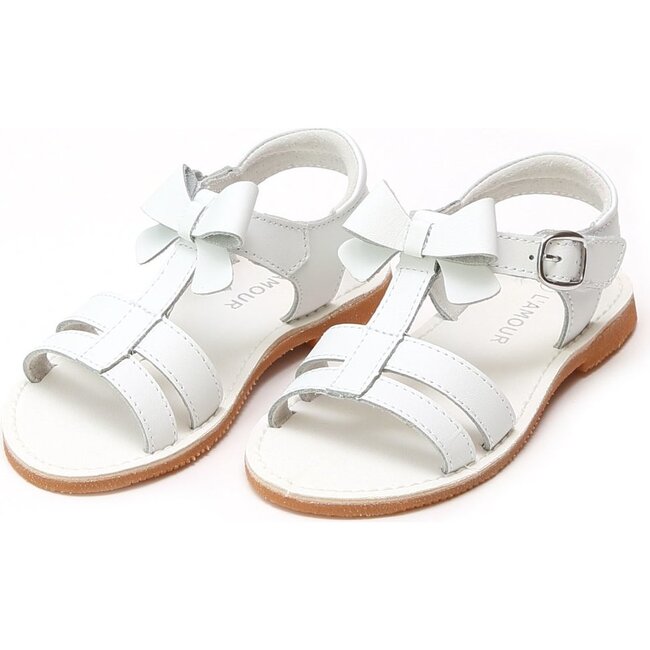 Janie T-Strap Bow Sandal, White - Sandals - 1