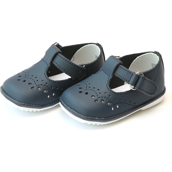 Baby Birdie Leather T-Strap Stitched Mary Jane, Navy - Angel Shoes ...