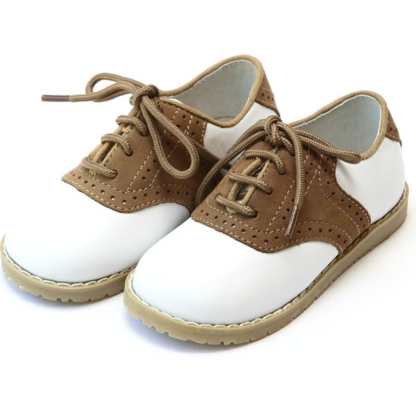 Luke Two Tone Leather Saddle Shoe, White/Khaki - L'Amour Shoes | Maisonette