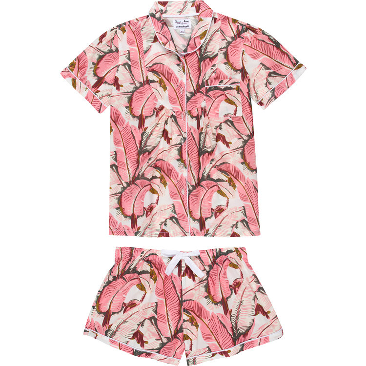 Women's Banana Leaf Shirt & Boxer Set, Pink - Pajamas - 1