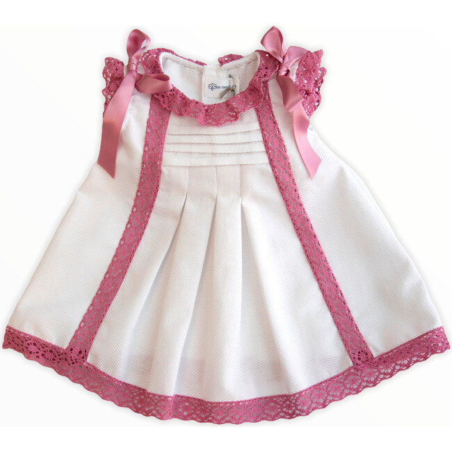White Piqué Dress, Pink Details - Dresses - 1