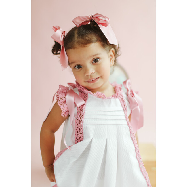 White Piqué Dress, Pink Details - Dresses - 4
