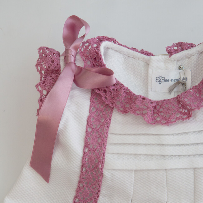 White Piqué Dress, Pink Details - Dresses - 5