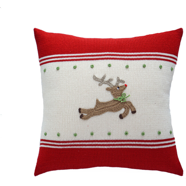 Reindeer Applique Pillow, Red & Ecru