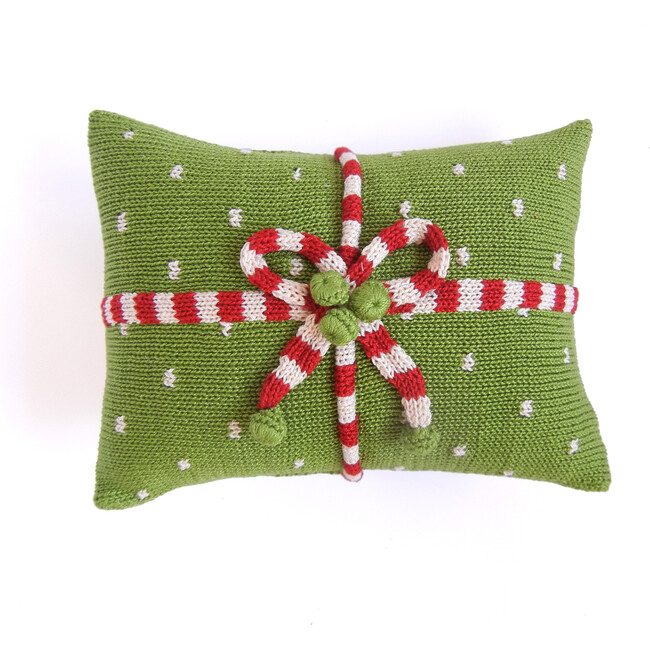 Gift Candy Stripe with Dots Pillow, Green, Ecru & Red
