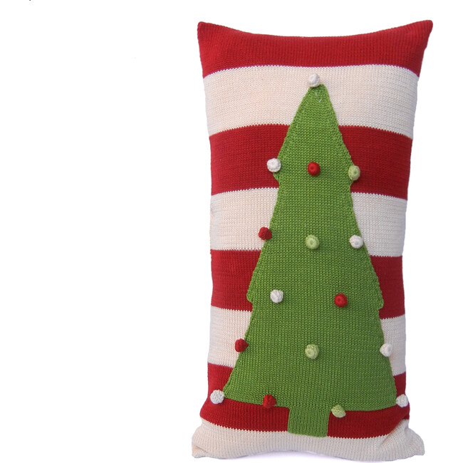 Christmas Tree Pillow with Stripe, Red & Ecru