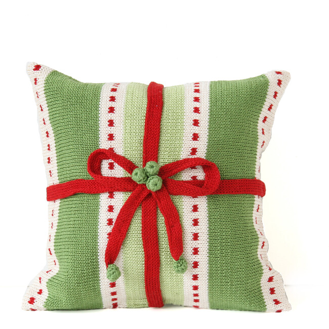 Dot & Stripe Gift Pillow, Green with Ecru with Red Dots & Bow