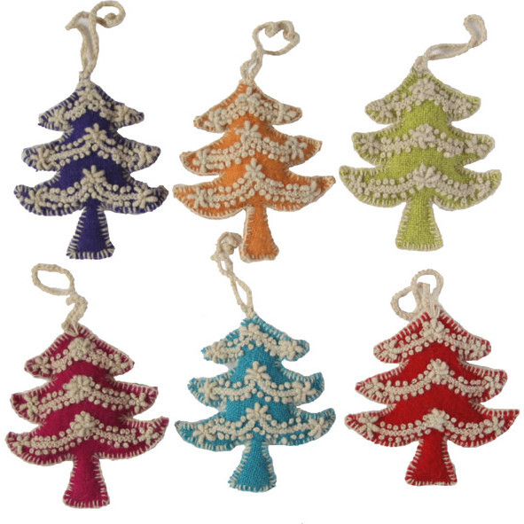 Embroidered Tree Ornaments, Set of 6