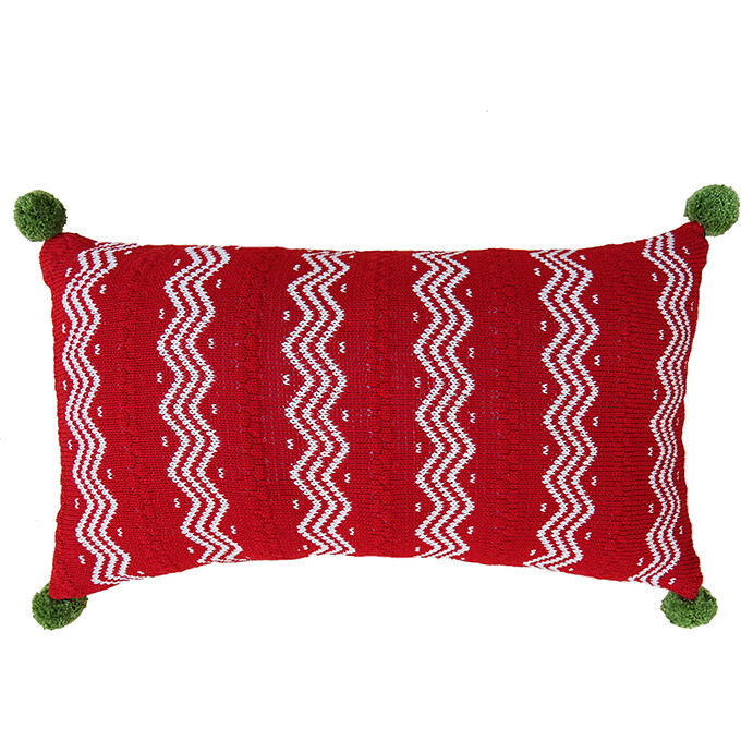 Zig Zag Lumbar Pillow with Pom Poms, Red - Decorative Pillows - 1
