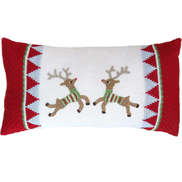 Double Reindeer Lumbar Pillow, Red - Decorative Pillows - 1