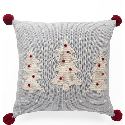 Three Tree Pillow with Pom Poms, Grey/Red