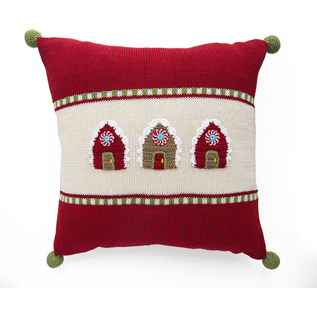 Gingerbread House Square Pillow, Red/Ecru