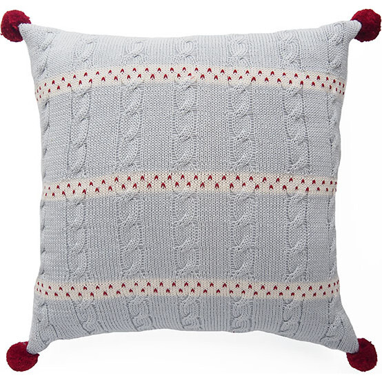 Cable Pom Pom Pillow, Grey/Red - Decorative Pillows - 1