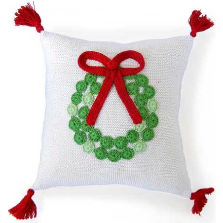 Wreath Pillow with Tassels, White/Red