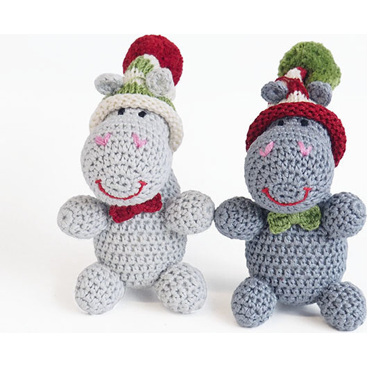Set of 2 Crochet Hippos in Hats Ornaments, Grey