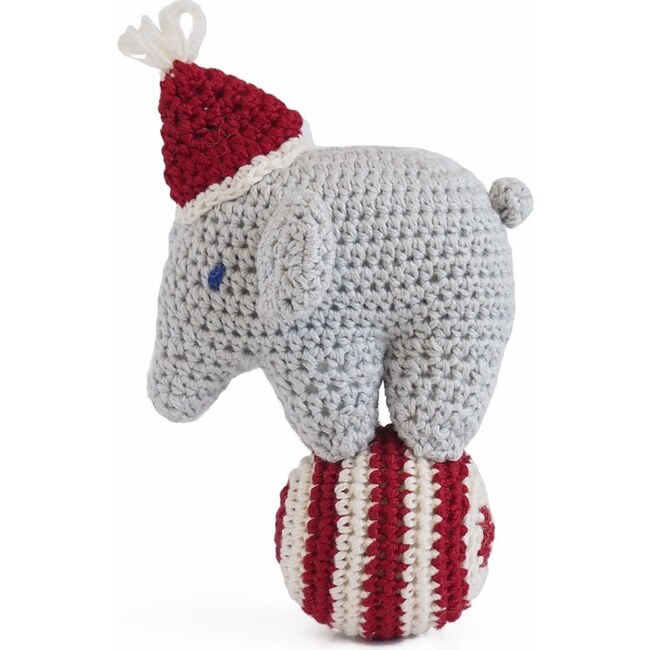 Crochet Elephant on Ball Ornament, Grey/Red