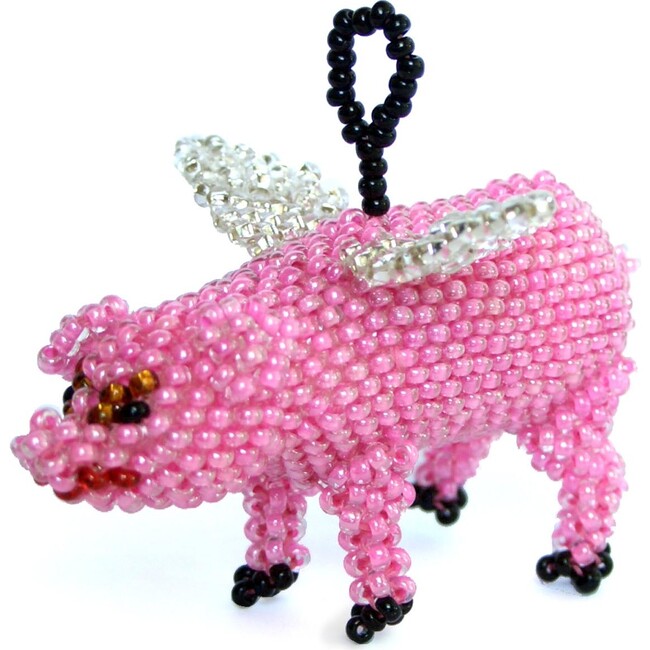Beaded Flying Pig Ornament with Silver Wings, Pink - Ornaments - 1