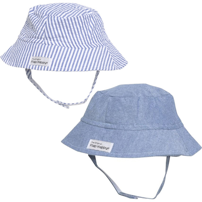 Hat 2 Pack, Chambray & Chambray Stripe Seersucker - Flap Happy Hats Mittens | Maisonette