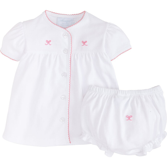 Pinpoint Layette Knit Set, Pink Bow