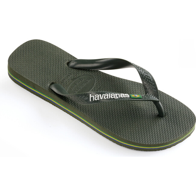 Mens Brazil Logo Flip Flops, Olive Green - Sandals - 2
