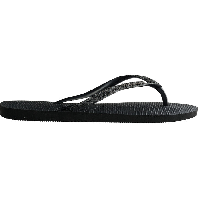 Kids Slim Glitter Flip Flops, Black & Dark Metallic Grey - Sandals - 3