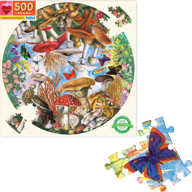 Mushrooms and Butterflies 500-Piece Round Puzzle - Puzzles - 2